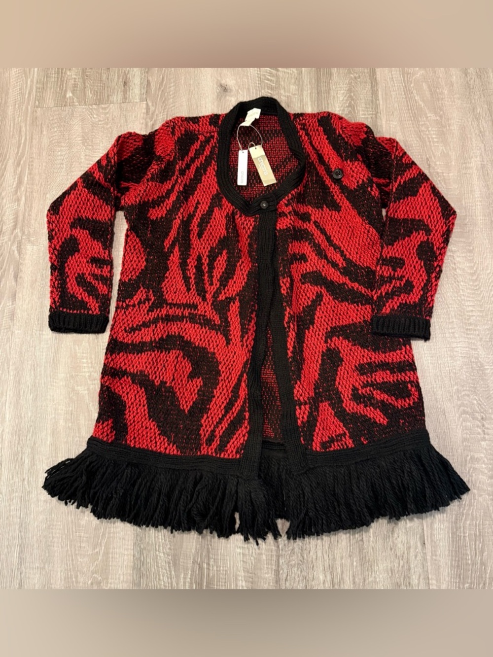 Chico’s Abstract Agatha Cardigan Petite 0 Red Black Fringe Sweater NWT